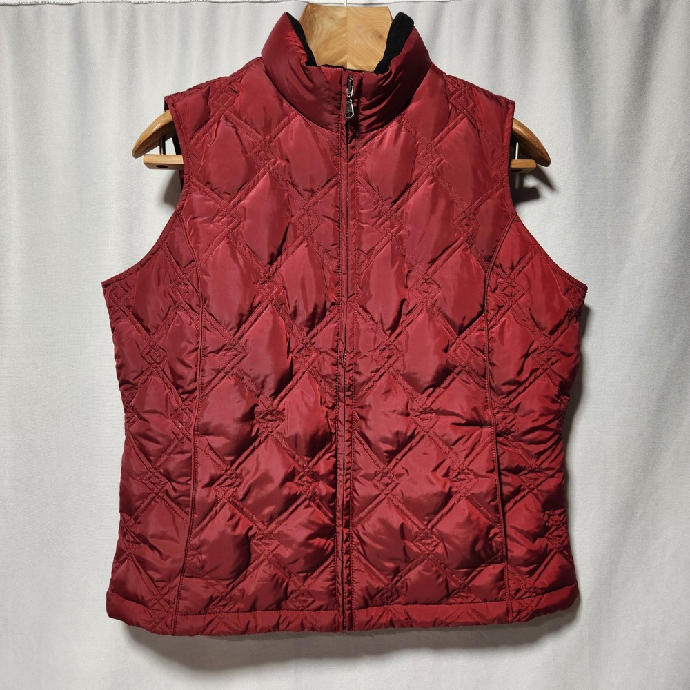 Eddie Bauer Womens Goose Down Quilted Puffer Vest Burgundy Red Large Full Zip